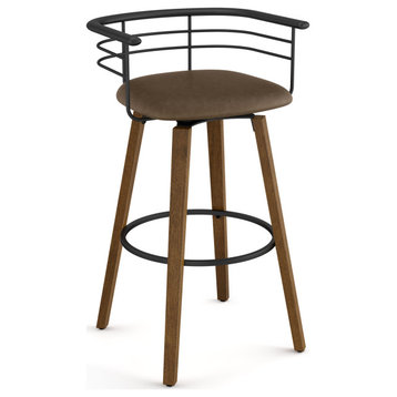 Amisco Colt Swivel Counter and Bar Stool, Brown Faux Leather / Light Brown Wood, Bar Height
