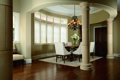 This is an example of a mid-sized transitional separate dining room in Detroit with beige walls, dark hardwood floors, no fireplace and brown floor.