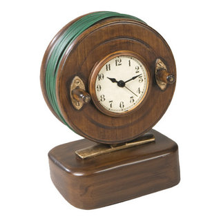 Vintage Wooden Look Fly Reel Clock - Rustic - Desk And Mantel