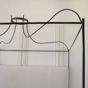 King Size Venetian Iron Canopy Bed with Upholstered Antique Linen Headboard
