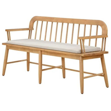 Farmhouse Bench, Tapered Legs With Padded Seat & Slatted Backrest, Natural/Beige