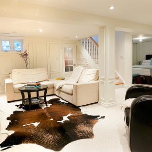 トロントのトラディショナルスタイルのおしゃれな地下室 (半地下 (窓あり) 、白い壁、カーペット敷き、白い床) の写真