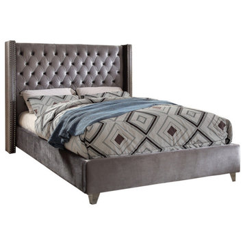Elegant Platform Bed, Velvet Fabric With Button Tufting & Nailhead, Gray, Full