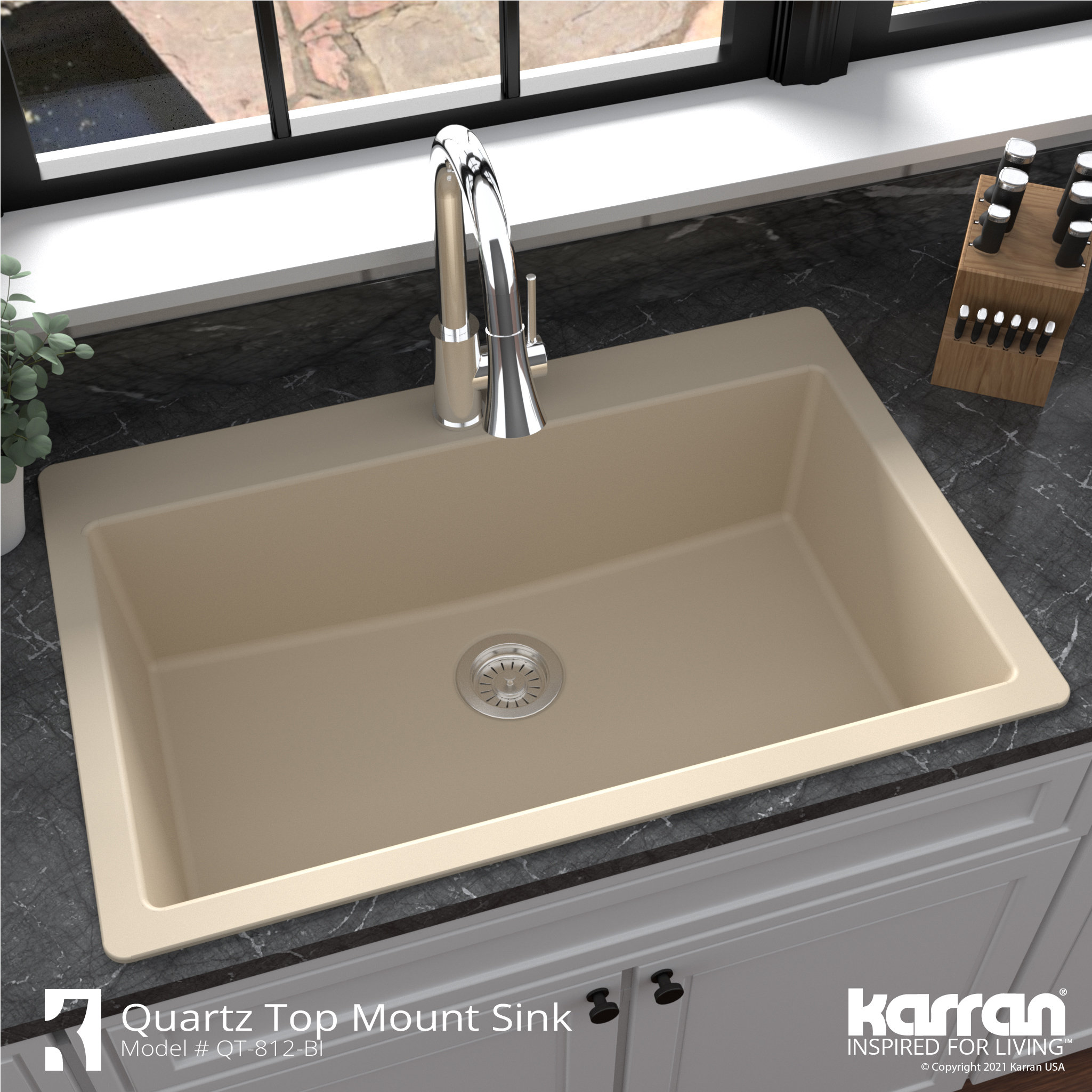 Karran QT-812 Top Mount 33" Large Single Bowl Quartz Kitchen Sink, Bisque