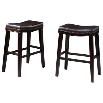 2 Pack Backless Bar Stool, Rubberwood Base and Padded Seat, Dark Brown Pu Leathe