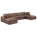 Meridian Furniture - Comfy Upholstered U-Shaped Modular Sectional, Brown, 6-Piece: 2 Armless Chair, 2 Corner Chair, 2 Ottoman, Vegan Leather - Give your space a whole new look with this brown Comfy vegan leather sectional. This handsome sectional fits nicely with other items in the Comfy collection and is a versatile seating option designed for adaptability, comfort and style. Wrapped in rich brown durable vegan leathered upholstery, this sectional offers a plush embrace of overstuffed down feather cushions, carefully crafted to deliver the highest level of comfort. The perfect seat for creating an oasis for relaxation, this sectional has thick foam surrounding its frame for added support and coziness.