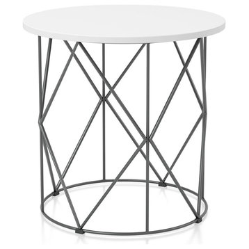 Contemporary Side Table, Geometric Diamond Metal Base With Round Top, White