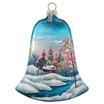 Hand Painted Winter Landscape Glass Bell Scenic Ornament
