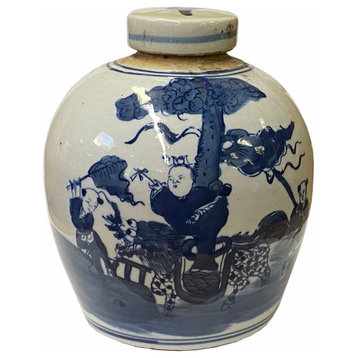 Chinese Oriental Small Blue White Kirin Kid Porcelain Ginger Jar Hws1861