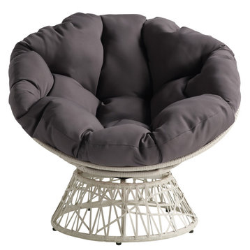 Papasan Chair With Gray Round Pillow Cushion and Cream Wicker Weave