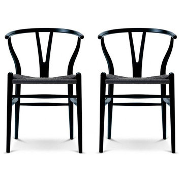Solid Wood Dining Chairs With Open Y Back For Kitchen Assembled Chair, Set of 2, Black