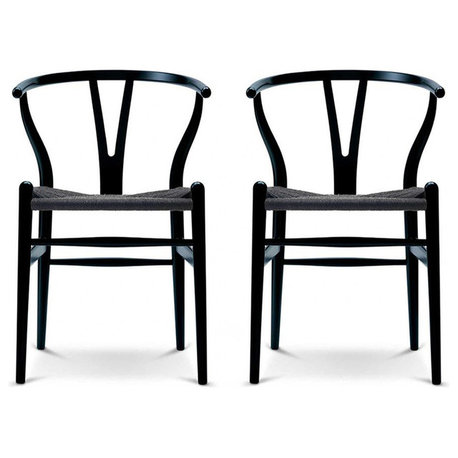 Solid Wood Dining Chairs With Open Y Back For Kitchen Assembled Chair, Set of 2, Black