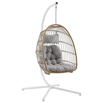 Modern Hanging Swing Chair, Brown Rattan and Comfortable Grey Cushioned Seat