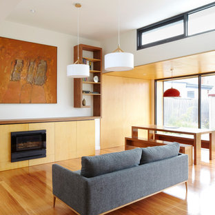 Foto de sala de estar abierta, minimalista, de tamaño medio, con paredes blancas, suelo de madera en tonos medios, chimenea tradicional, marco de chimenea de madera y televisor retractable