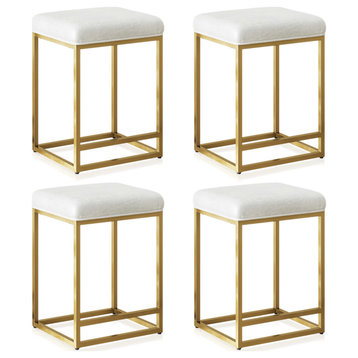 24" Upholstered PU Leather Bar Stools Set of 4, with Metal Base, White & Gold
