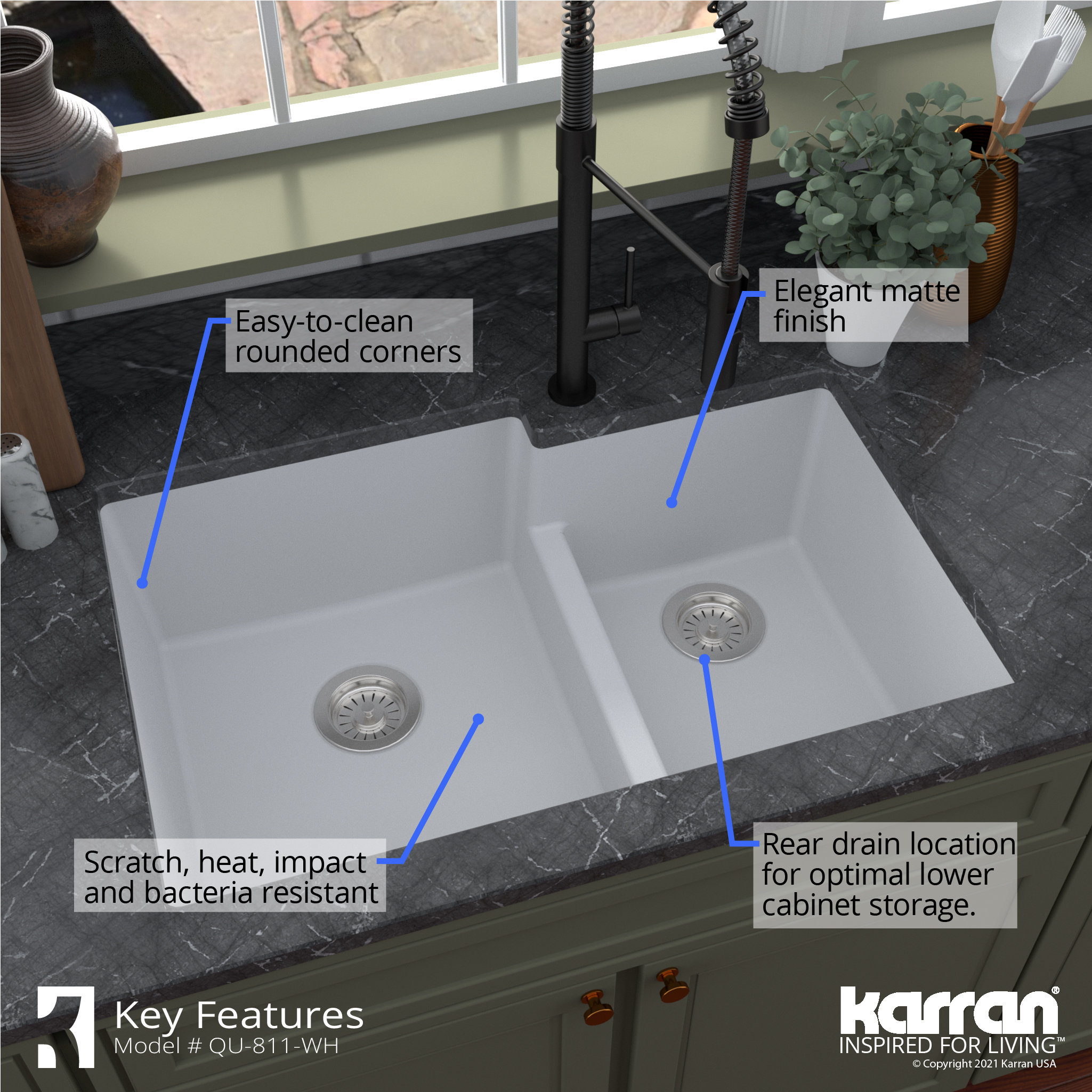 Karran 32" Undermount Large/Small Bowl Quartz Kitchen Sink, White