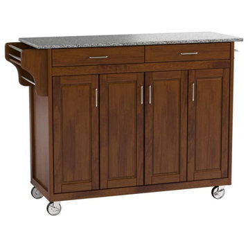 Elegant Kitchen Cart, 4 Doors and Storage Drawers With Grey Granite Top, Oak
