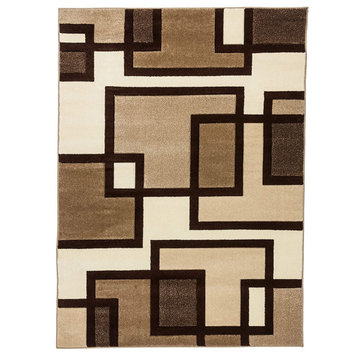 Modern Area Rug, Thick Polypropylene With Geometric Boxes Pattern, Ivory & Brown
