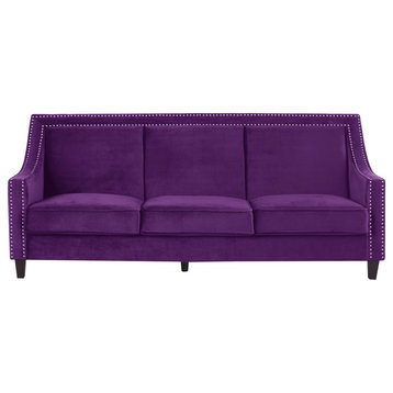 Traditional Sofa, Comfortable Velvet Seat With Swoop Arm & Nailhead Trim, Purple