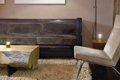 Living room - eclectic enclosed dark wood floor living room idea in Minneapolis with beige walls and no fireplace