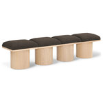 Meridian Furniture - Pavilion Black Boucle Fabric Bench, Brown, Natural Finish, 72" W X 15.5" D X 17.5" H - Bring valuable seating and remarkable style to your space with this Brown Pavilion boucle fabric bench, an exquisite balance of style and usability for the entryway, bedroom, and beyond. Crafted from oak veneer with a natural finish, this bench has a 4-inch-thick seat cushion that's channel-tufted for a touch of luxury. The bench's columnar bases add a dash of art deco design, making it a captivating focal point in any room.