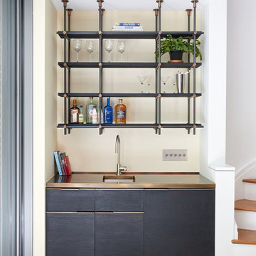 Charred Pine Bar + 3 Bay Ceiling Mounted Collector's Shelving