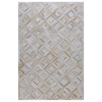 Hand-Stitched Ivory and Beige Geometric Leather Area Rug by Tufty Home