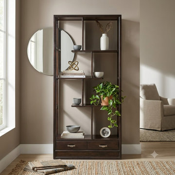 Asian Inspired Asymmetrical Dark Brown Shelving Display Cabinet Divider ws4972