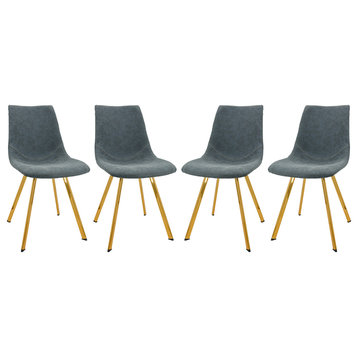 LeisureMod Markley Leather Dining Chair With Gold Legs Set of 4, Peacock Blue
