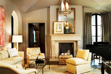 Example of a large transitional open concept dark wood floor living room design in Atlanta with a standard fireplace and a stone fireplace