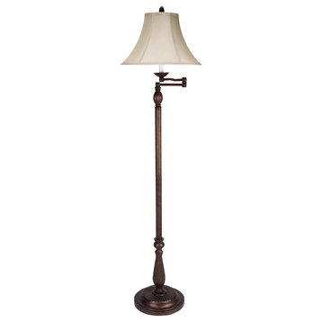 150W 3 Way Swing Arm Floor Lamp, Antique Rust Finish, Pearl Shade