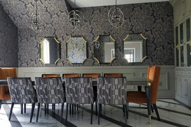 Example of a transitional porcelain tile, gray floor and wallpaper kitchen/dining room combo design in Other with blue walls