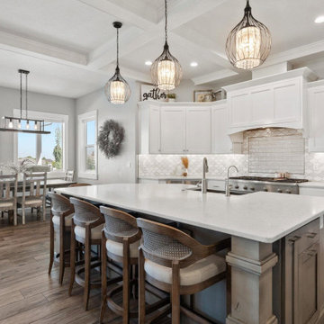 Grand Farmhouse Kitchen with Scallop Tile Backsplash