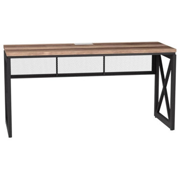 Rustic Desk, X-Accented Metal Legs With Mesh Support & Large Top, Dark Gray Oak