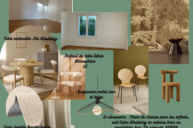 Cette photo montre une salle à manger chic avec un mur beige, parquet clair, aucune cheminée, du papier peint et éclairage.