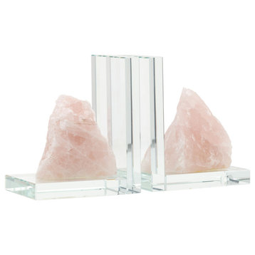 Glass, Set of 2 5"H Bookends With Pink Stone, Clear