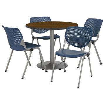 KFI Round 36" Dia. Pedestal Table - 4 Navy KOOL Chairs - Walnut Top
