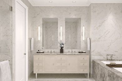Large trendy master beige tile and ceramic tile ceramic tile, beige floor, double-sink and tray ceiling bathroom photo in Chicago with furniture-like cabinets, light wood cabinets, a two-piece toilet, beige walls, an undermount sink, granite countertops, a hinged shower door, beige countertops and a freestanding vanity