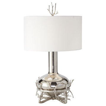 Modern Twig Branch Sculpture Table Lamp Round Silver Organic Shape White Nickel
