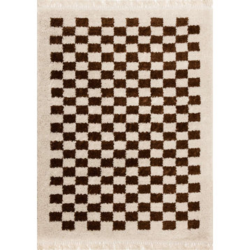 Bella Collection Cream Brown Checkerboard Boho Shag Area Rug, 5'3"x7'7"
