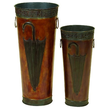 Benzara BM07627 Rustic Umbrella Stand With Engraved Details, Set Of 2, Brown