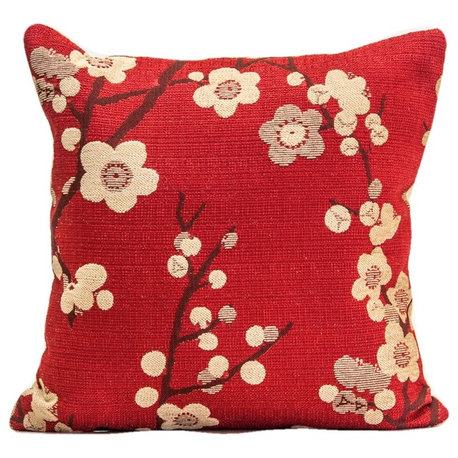 Designer Pillow Cover, Cherry Blossom Design, Red Decorative Pillow, 20"x20"