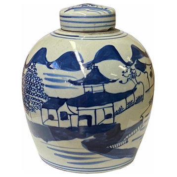Chinese Oriental Small Blue White Scenery Porcelain Ginger Jar Hws1859