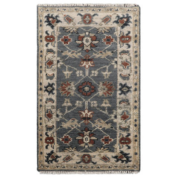 3'x5' Hand Knotted Wool Oriental Area Rug, Blue, Beige Color
