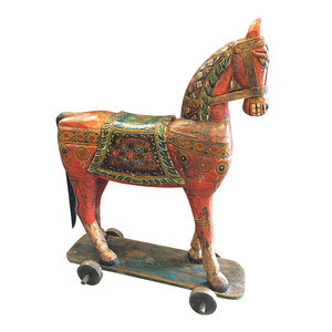 Mogul interior - Consigned Horse On Wheels Solid Rustic Wood Handmade Sculpture Figurine - Decorative Objects And Figurines