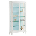 Lexington - Lakeshore Curio Sky Blue Back Panel - Scaled at 49-inches wide and 92-inches tall, the Lakeshore curio makes a significant design statement as a single unit or in pairs. The piece has tempered glass doors, glass end panels, and five adjustable tempered glass shelves. Dimmable touch LED lighting strips on the top and sides of the piece serve to highlight the contents behind the glass, making it the perfect anchor item for any room. This item number represents the soft-sky blue back panel, but it is also available in the Alabaster white back panel as a 415-864 or the taupe back panel, item number 415-864TP. This flexibility offers the opportunity to customize the look of the piece.