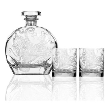 Lucy Octopus Kraken Decanter Set with Two Rocks 11 oz Glasses