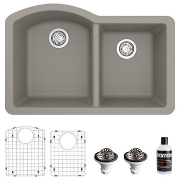 Karran Undermount Quartz 32" 60/40 Double Bowl Kitchen Sink Kit, Concrete