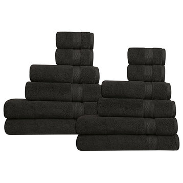 A1HC Bath Towel Set, 100% Ring Spun Cotton, Ultra Soft, Black Onyx, 12 Piece Towel Set