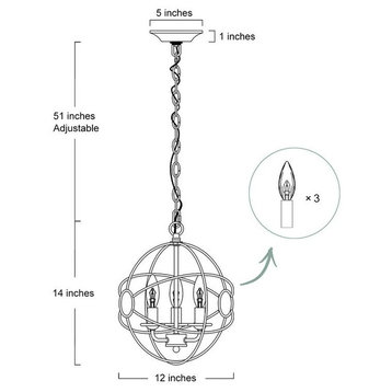 3-Light Globe Traditional Chandeliers, Rustic Metal Finish Pendant